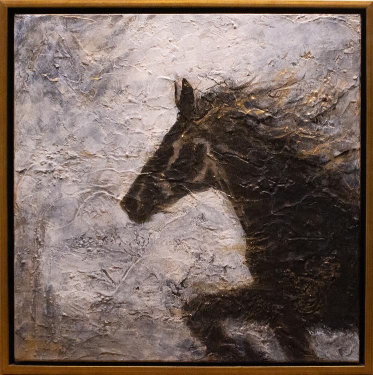 Heavily textured painting of a dark horse running against a turbulent sky. 