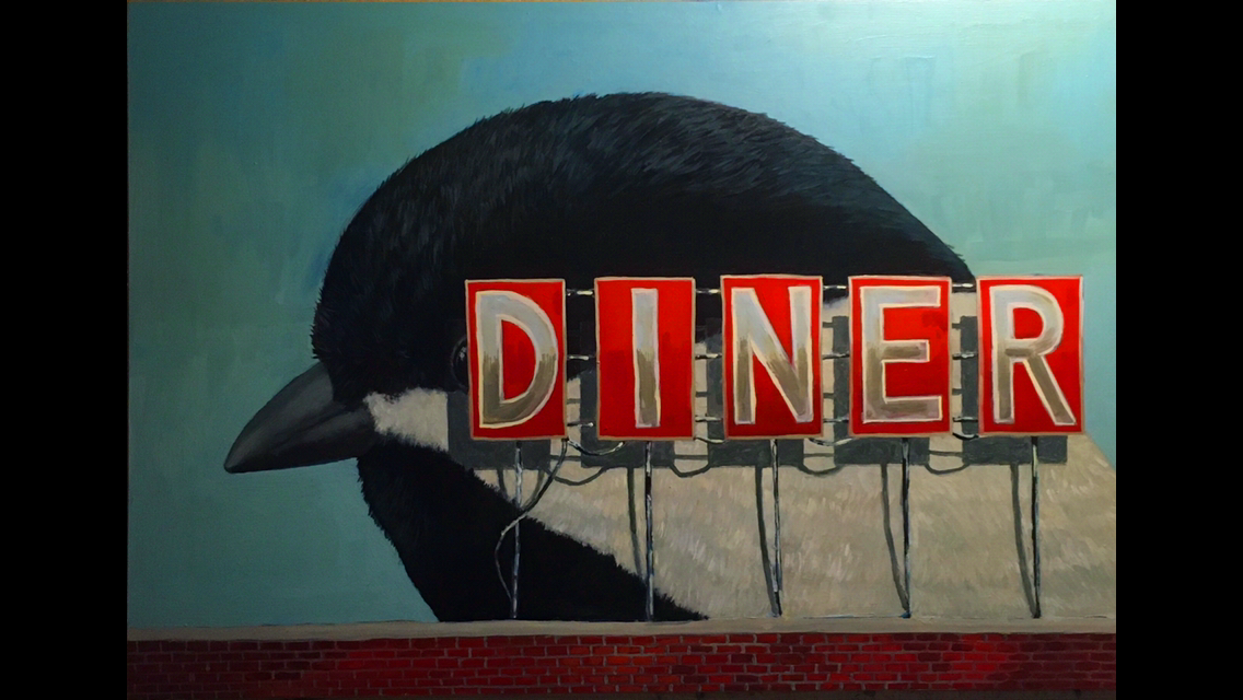 Oil painting of a giant chickadee behind an unplugged neon sign whose letters spell "diner". 