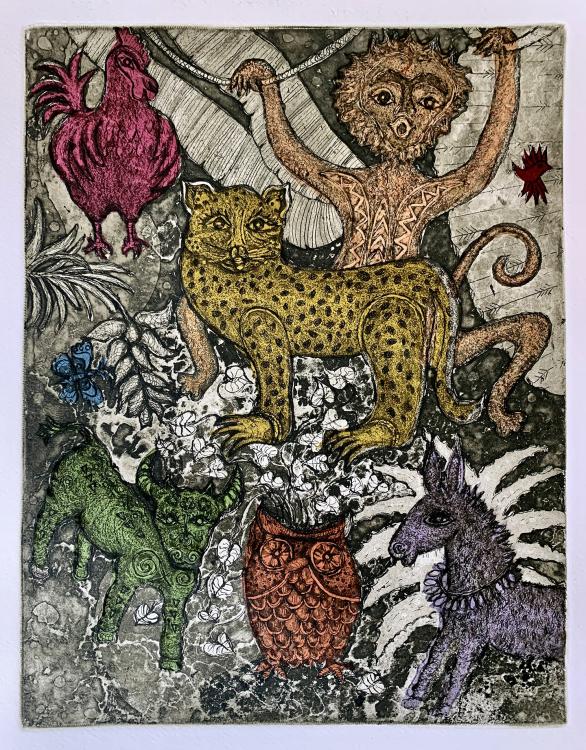 Colorful etching with whimsical renditions of animals including a monkey, rooster, leopard, donkey, bull, hummingbird, butterfly, and owl.