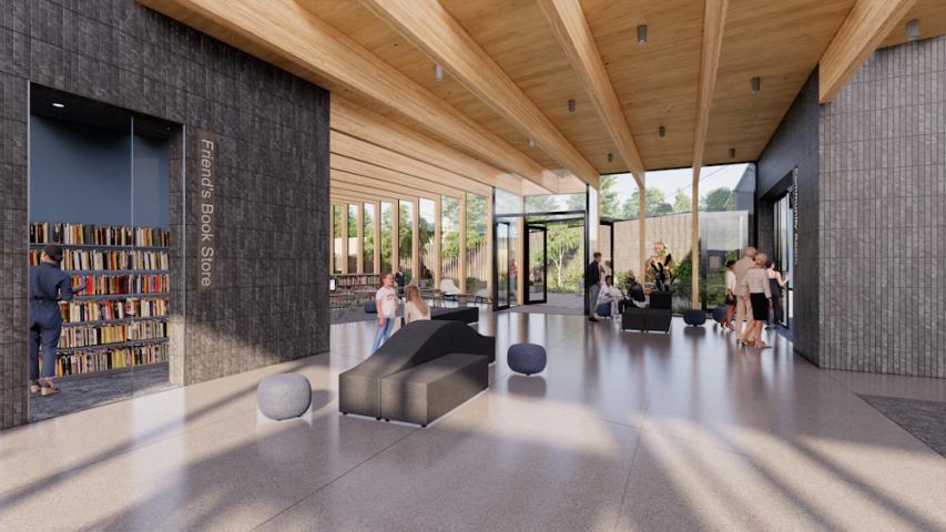 Artist rendering of lobby with Friends' bookstore