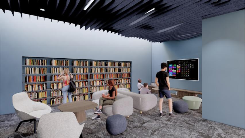 Artist rendering of comfy seating with shelves and technology