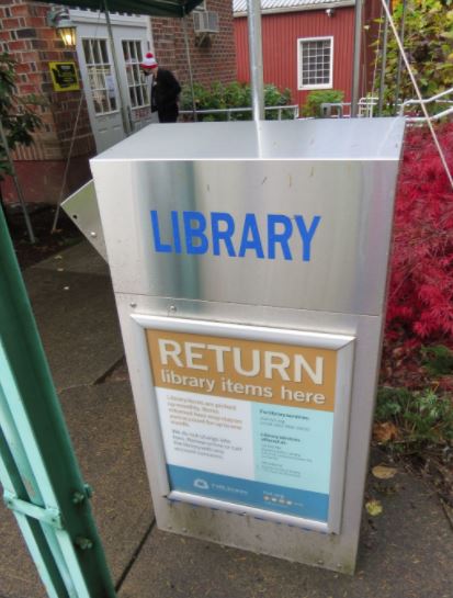 Free-standing book return at Green Mountain School