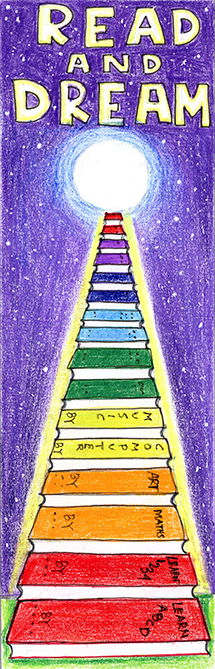 Hand-drawn bookmark of a rainbow of books disappearing into the sun reading read and dream