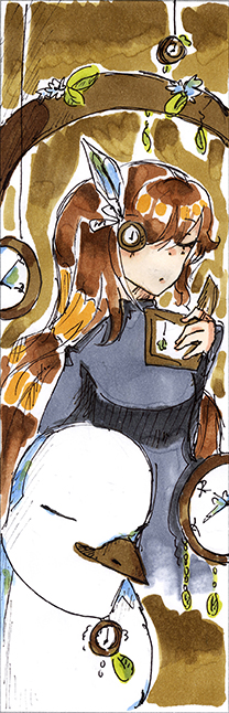 watercolor bookmark in anime style of brunette holding book with white dove in foreground