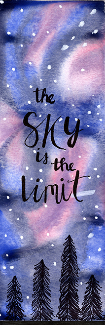 ink and pastel black evergreens on blue and pink swirling sky with text reading the sky is the limit