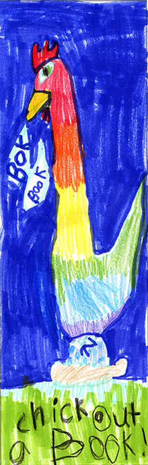 Hand-drawn bookmark of a rainbow colored chicken saying 'chick out a book'