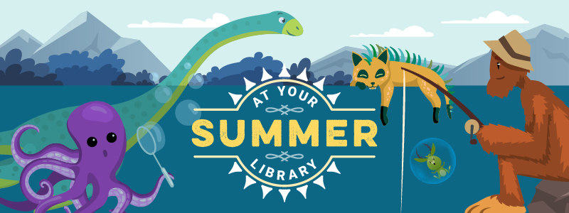Summer at Your Library (picture features a kraken, Nessie, a chupacabra, and a sasquatch))