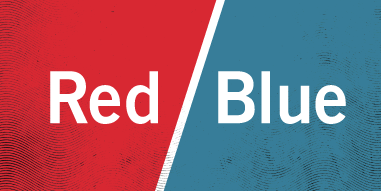 Left hafl red with word red, right half blue with word blue