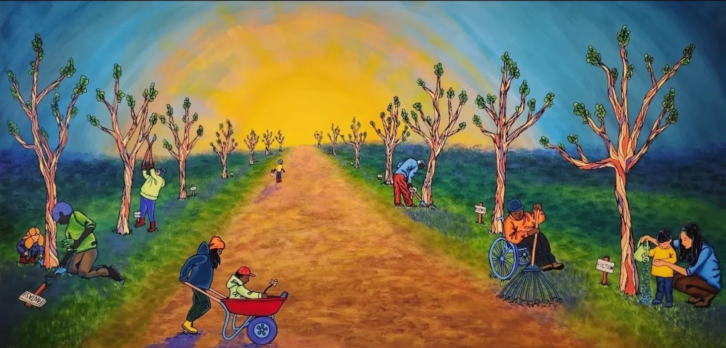 A group of people of different colors is working in an orchard. One is pruning, another is watering, a person in a wheelchair is raking. A woman pushes her child in a wheelbarrow. The sun shines in a deep blue sky. 
