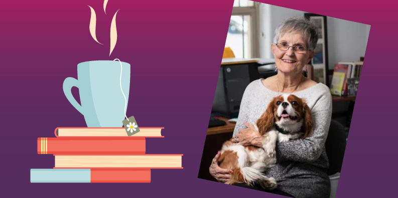 Jane Kirkpatrick with dog in lap