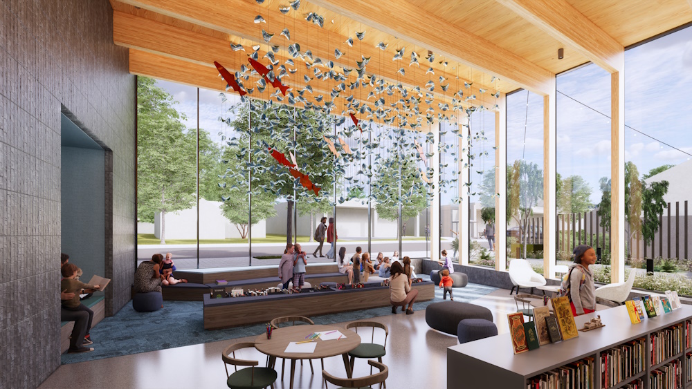 Artistic rendering of an open area of the library with low shelves, surrounded by windows