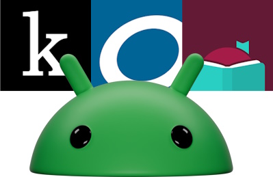 Android critter peeping up in front of Kanopy, OverDrive, and Libby App logos