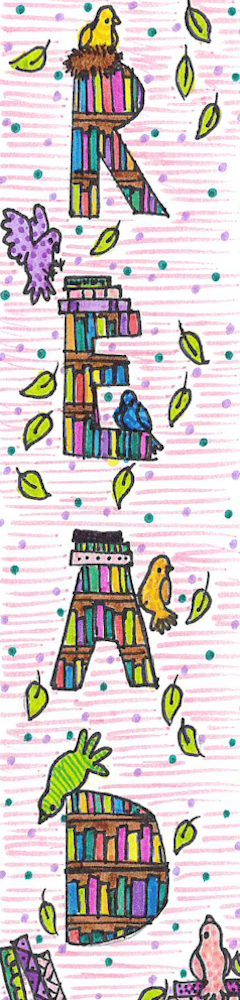 Pink birdcage full of budgies with the word READ