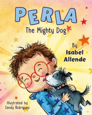 Drawing of a bespectacled child holding a wagging dog