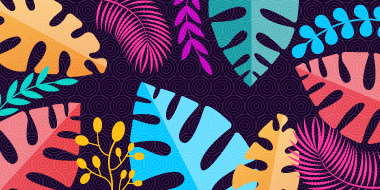 pink, yellow, blue tropical leaves on black background