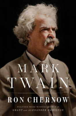 White haired, bushy mustached, Mark Twain in partial profile with black background
