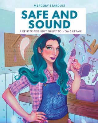 Illustration of female person with teal hair and blue overalls, wielding a drill in a workshop
