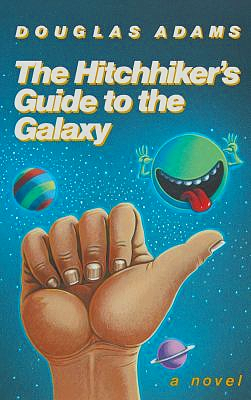 Human hand with thumb extended before a bright blue background of space with planets, one of which has a tongue sticking out, in the background