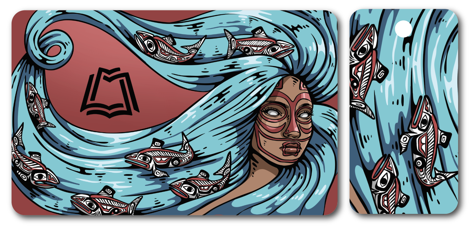 A bold, stylized illustration of a woman with flowing blue hair filled with salmon, blending cultural motifs with a modern graphic style.