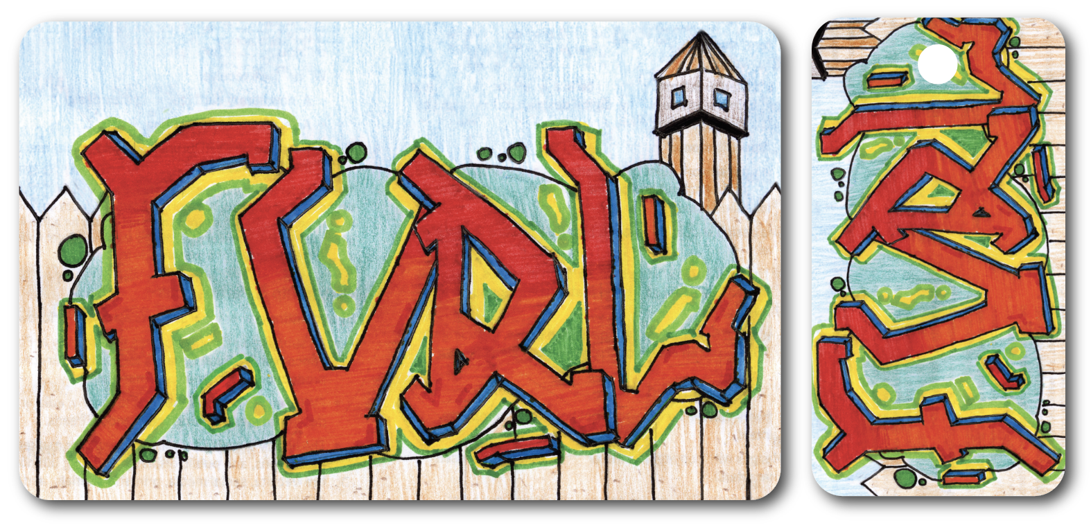 Graffiti-style artwork with large red block letters spelling “FVRL” across a wooden fence, accented with green and blue highlights and a watchtower in the corner.