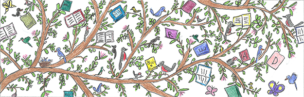 Winning grade 6-8 bookmark 2020: Reading tree with books and birds by Angelina R.