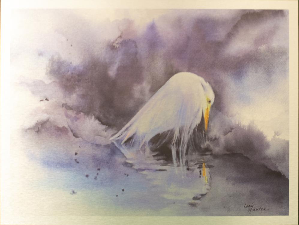 Egret - Lori Hunter Watercolor of an egret standing in a lake against a misty purple backdrop.