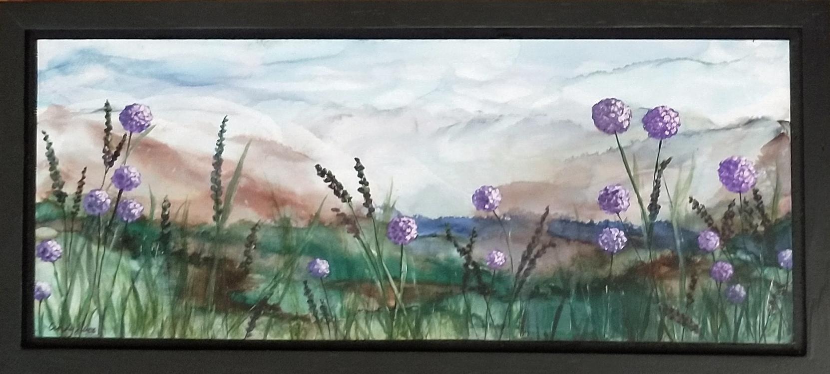Columbia Gorge Alliums Painting of chive blossoms against a cloudy sky.