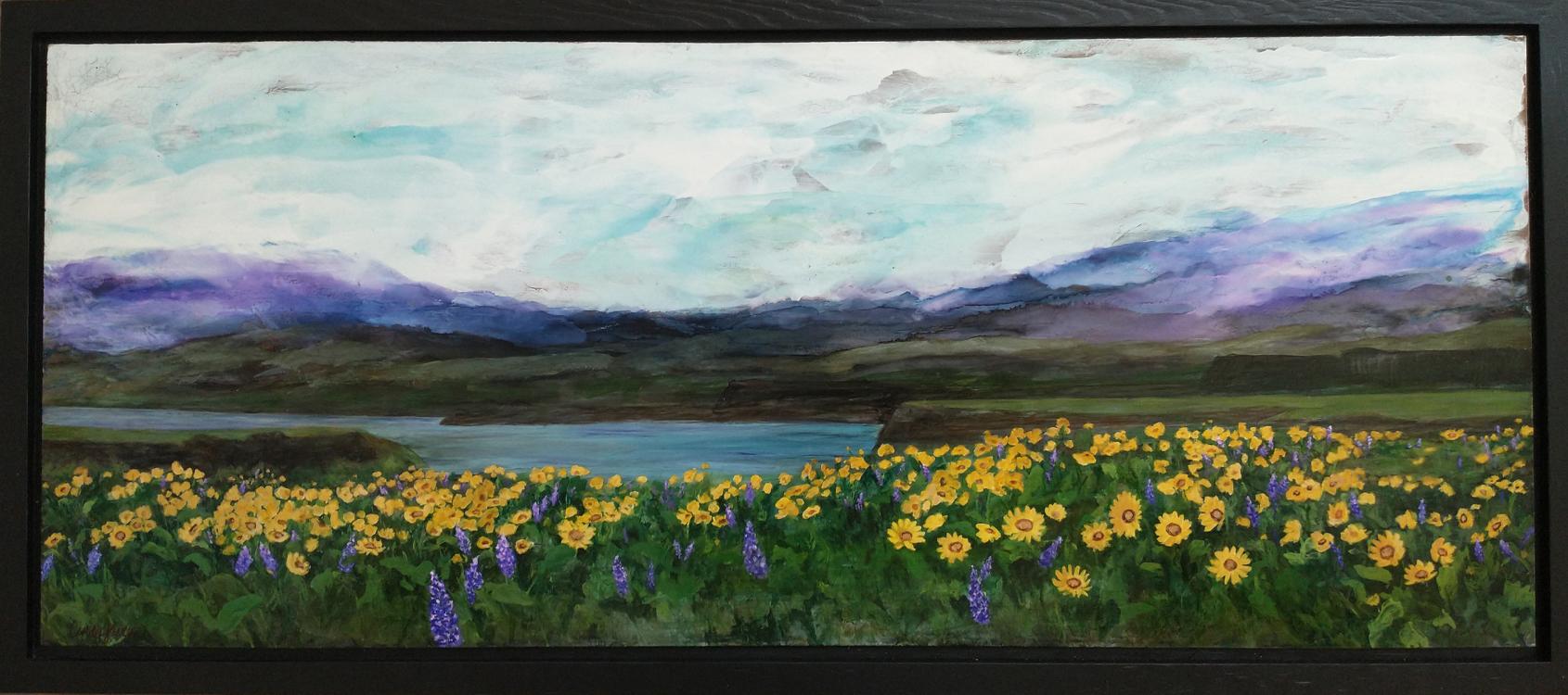 Painting of wildflowers, a lake, mountains, and a cloudy sky. 
