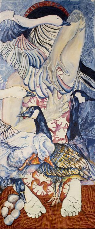 A painting of a woman's back as she performs a kneeling yoga posture, surrounded by standing ducks and one in flight. 