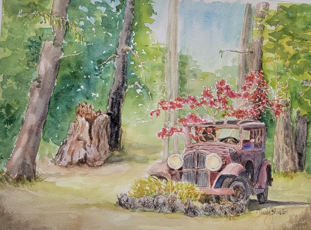johnstontrish_longforgotten.jpg Flowers growing out of a rusted old-fashioned vehicle in the woods.