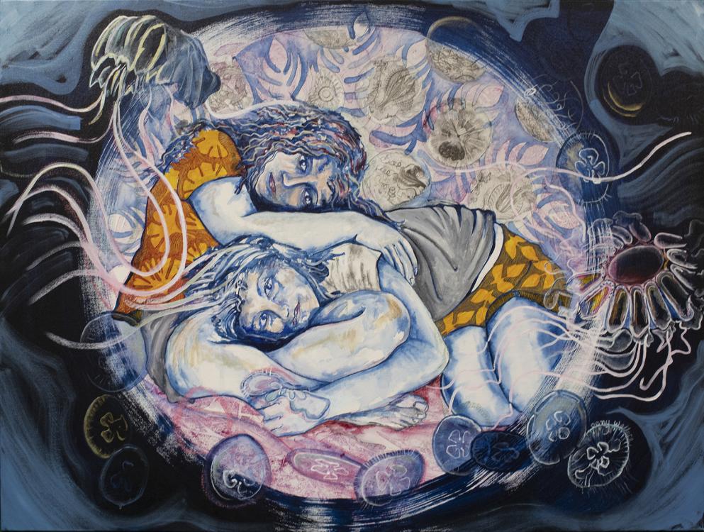 wallacepeny_theworldandlifeinmovingfluid-cw.jpg A painting of two girls inside a large jellyfish, surrounded by smaller jellyfish, deep in the sea.