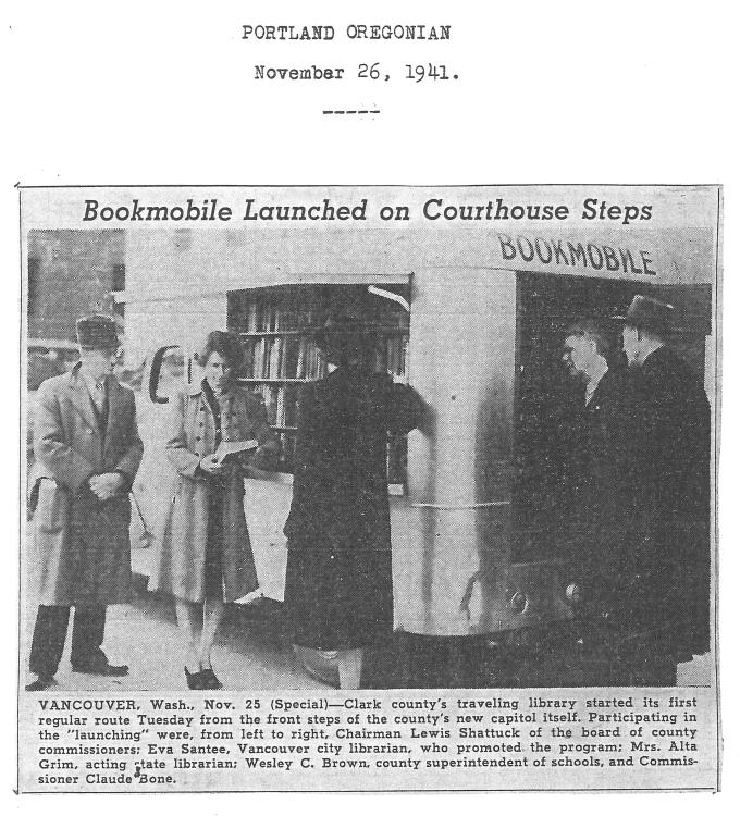 Black-and-white photo from a newspaper article about the launch of the Clark County traveling library (bookmobile) dated November 26, 1941