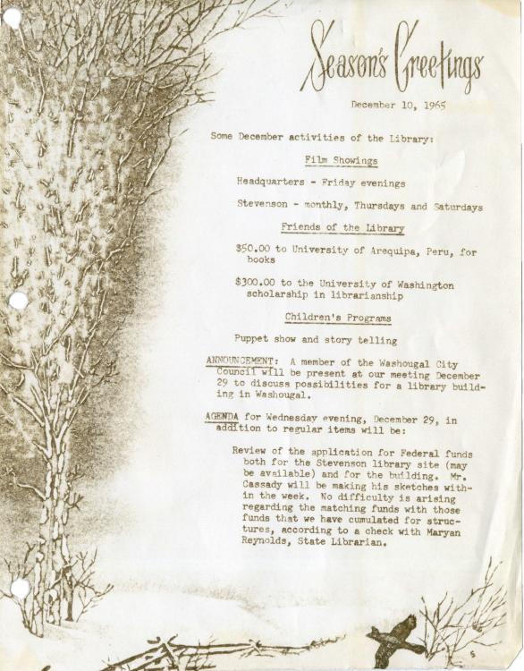 Season's Greetings report from Stevenson Community Library, dated December 10, 1945
