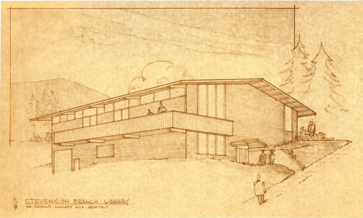 Architect concept drawing of Steven Branch Library, circa 1965