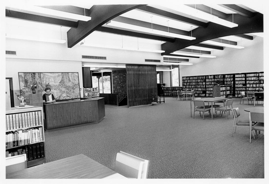 Black-and-white photo of Stevenson Community Library circulation desk, circa 1967