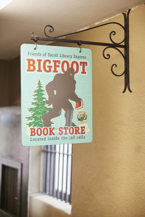 Photo of Bigfoot Book Store sign inside Yacolt Library Express, 2022