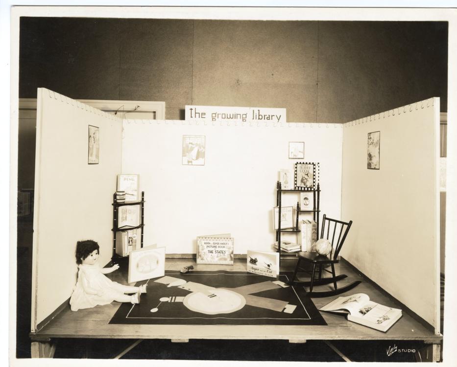 A black-and-white photo of a diorama displayed at Stevenson Community Library, date unknown