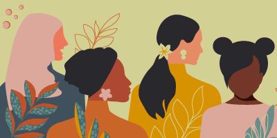 women's heads and shoulders with various hairstyles and attire