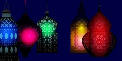 red, green, and blue lanterns against a black background