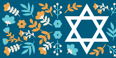 White six-point star and white and yellow flowers on blue background