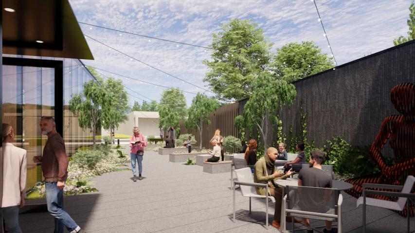 Artist rendering of an outdoor courtyard